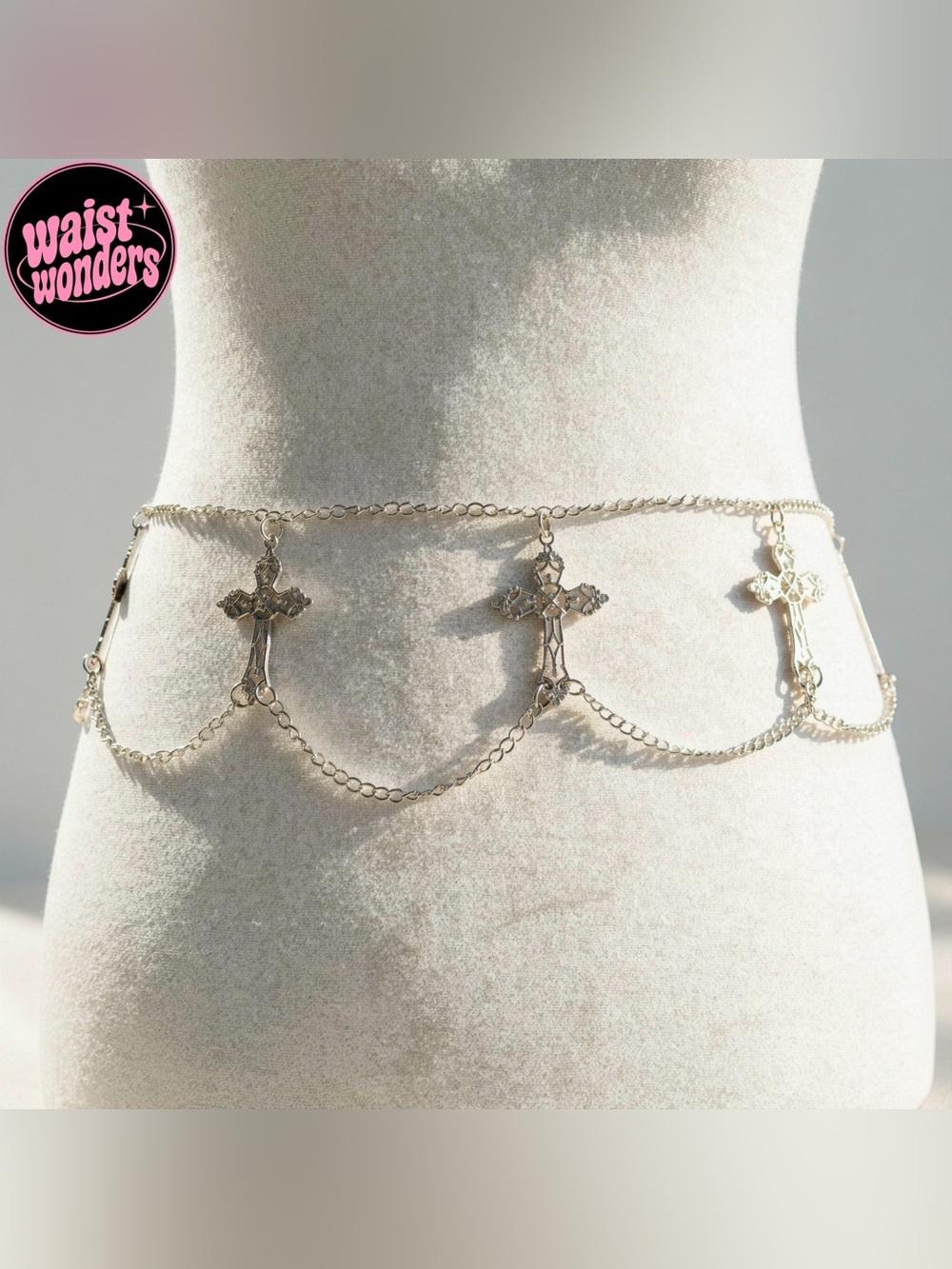 Y2K 2000s style Silver chain belt with cross charms